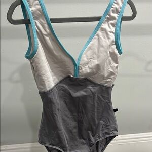 Gray and White Maria Leotard with Blue Trim